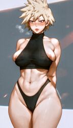 1girls ai_generated barely_contained_breasts big_breasts big_woman bigger_female bikini blonde_hair blush boku_no_hero_academia bra breasts bursting_breasts chubby_female female female_only from_below gigantic_breasts gray_hair huge_breasts human lactating lactation large_breasts lingerie looking_at_viewer mature_female milf mitsuki_bakugou my_hero_academia navel nipple_slip nipples nipples_visible_through_clothing overflow overflowing_breasts panties puffy_nipples red_eyes seductive_smile short_hair shounen_jump solo spiky_hair sports_bra squished_breasts standing thick_thighs throbberino tomboy