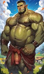 1boy ai_generated bara beard big_penis blush green-skinned_male green_body green_skin hairy_chest kurohudeai male male_nipples male_only male_pubic_hair muscular_male nipples orc orc_male penis pointy_ears teeth teeth_visible tusks