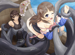 1boy ass atelier_totori blue_eyes blush boat brown_hair crown cum female long_hair nosebleed ocean one_eye_closed outdoors panty_pull restrained restrained_by_tentacles ship shirt_down stripped_by_tentacles suspended_via_tentacles tentacle tentacle_around_waist tentacle_on_male tentacles_around_arms tentacles_around_legs totooria_helmold undressing water