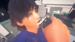 1girls 3d 3d_model 3dcg black_hair brown_hair cum cum_in_container cum_in_cup drinking drinking_cum female female_only girly green_eyes implied_sex mwikentr netorare ntr office police police_uniform short_hair