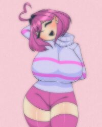 1girls 5hitzzzu ahoge big_breasts blush boombita closed_eyes female female_frisk female_only frisk funcu funculicious heart-shaped_ahoge large_breasts meatcuteshii neck_hidden_by_sweater pinkbobatoo shorts skiddioop smile smiling stereodaddy sweater thick_thighs thighhighs undertale undertale_(series)