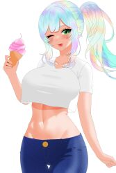 1girls big_breasts breasts busty crop_top curvy exposed_midriff female female_only hazel_(oc)_(yojimbra) ice_cream jeans midriff multicolored_hair original rainbow_hair solo wide_hips yojimbra