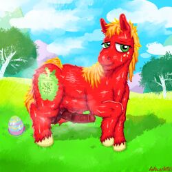 absurd_res animal_genitalia animal_penis big_macintosh_(mlp) blonde_hair bodily_fluids cutie_mark easter_egg embarrassed equid equine equine_genitalia equine_penis erection feral field fields friendship_is_magic genital_fluids genitals grass grass_field green_eyes hair hasbro hi_res horse lolscarletxi looking_away male mammal mountain muscular muscular_feral muscular_male musk my_little_pony penis plant pony precum shadow shy sky skyscape solo sweat tree