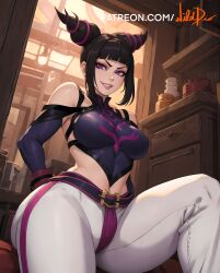 ai_generated bare_shoulders belly_button big_breasts black_hair bob_cut cameltoe feet female female_only juri_han leaning_back leg_up pants purple_eyes purple_hair shirt_lift shirt_only sideboob slim_waist smile smiling street_fighter street_fighter_6 thick_thighs tied_hair two_tone_hair underboob wide_hips wilddio