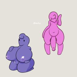 anthro big_breasts breasts curled_hair dot_eyes duo female food food_creature foreskin genitals hair hi_res long_foreskin male peeps penis wetfur_(artist) wide_hips