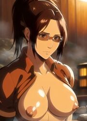 ai_generated attack_on_titan breasts breasts_out brown_hair clothed erected_nipples glasses hanji_zoe nipples partially_clothed shingeki_no_kyojin solo solo_female