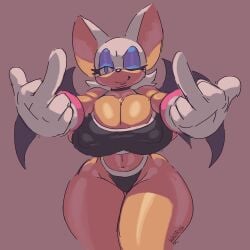 2024 2d 2d_(artwork) 2d_artwork artist_request big_breasts highleg highleg_panties middle_finger mobian mobian_(species) mobian_bat nipples_visible_through_clothing rouge_the_bat rouge_the_rider sega solo sonic_(series) sonic_adventure_2 sonic_team sonic_the_hedgehog_(series) sports_bra sportswear thick_thighs white_fur wings