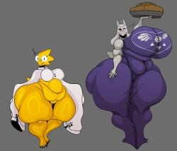 2d 2girls acerattman alphys anthro badger blush breasts chubby deltarune_(symbol) female female_only fur furry furry_female glasses horns huge_breasts huge_thighs humanoid lab_coat lizard_girl lizard_humanoid monster pie pussy reptile reptile_humanoid scalie scalie_female star thick_thighs toriel undertale undertale_(series) video_games wide_hips wink