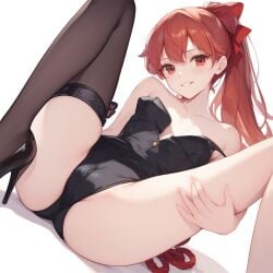 ai_generated black_heels black_leotard dearmatda high_heels kasumi_yoshizawa leotard persona persona_5 ponytail red_bow red_eyes red_hair smile spread_legs stable_diffusion sumire_yoshizawa thigh thighhighs