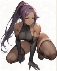 1girls ai_generated big_breasts bleach bleach:_the_thousand-year_blood_war crouching crouching_female dark-skinned_female feet female female_only gloves long_hair muscular muscular_female one_piece_swimsuit purple_hair shihouin_yoruichi six_pack slim_waist solo spread_legs thick_thighs thighhighs tied_hair wide_hips wilddio yellow_eyes