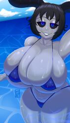 1girls beach big_breasts big_horns bikini blue_eyes breasts curvaceous curvy curvy_body curvy_figure demon demon_girl demon_horns female_only grey_body grey_skin grindardot happy huge_boobs huge_breasts looking_at_viewer micro_bikini ocean sea sharp_teeth short_hair short_hair_female smile smiling smiling_at_viewer solo solo_female solo_focus tagme thick_thighs thighs wet wet_body