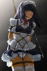 ball_gag blush bondage bound_legs box_tie breast_bondage fleda gag gagged glasses highres maid pussy_juice saliva tears vibrator vibrator_in_thighhighs