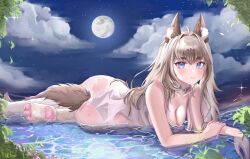 animal_ear_fluff animal_ears animal_hands ass bangs blue_eyes blush breasts brown_hair cleavage cloud collar dress female foxplushy full_moon long_hair looking_at_viewer lying moon night night_sky on_stomach outdoors parted_lips partially_submerged sky solo star_(sky) starry_sky tail virtual_youtuber water wet white_dress