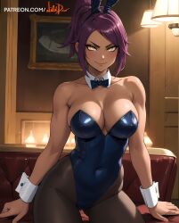 1girls ai_generated belly_button big_breasts bleach bleach:_the_thousand-year_blood_war blush bunny_costume bunny_ears bunny_girl bunnysuit dark-skinned_female dark_skin female female_only long_hair looking_at_viewer purple_hair shihouin_yoruichi slim_waist smiling_at_viewer solo thick_thighs tied_up wilddio yellow_eyes