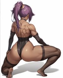 1girls ai_generated big_ass big_breasts bleach bleach:_the_thousand-year_blood_war crouching crouching_female dark-skinned_female feet female female_only gloves long_hair muscular muscular_back muscular_female one_piece_swimsuit purple_hair shihouin_yoruichi six_pack slim_waist solo spread_legs thick_thighs thighhighs tied_hair wide_hips wilddio