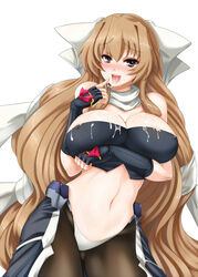 aoi_kimi areola_slip bare_shoulders black_eyes black_legwear blush breast_hold breasts brown_hair cleavage cum cum_in_mouth cum_on_clothes erect_nipples female fingerless_gloves gloves hair_ribbon huge_breasts kyoukaisenjou_no_horizon long_hair midriff naughty_face navel nekoi_hikaru open_mouth pantyhose ribbon solo