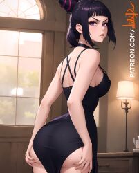 ai_generated ass_grab ass_spread bare_thighs big_ass big_butt black_hair blush bob_cut dress female female_only juri_han long_dress looking_at_viewer looking_back medium_breasts one_piece_dress purple_eyes purple_hair side_view sideboob slim_waist street_fighter street_fighter_6 two_tone_hair wilddio