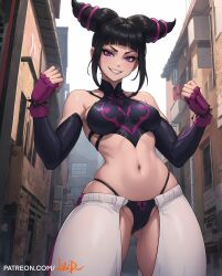 ai_generated bare_shoulders barefoot belly_button black_hair bob_cut cameltoe feet female female_only juri_han leaning_back medium_breasts panties pants purple_eyes purple_hair shirt_lift shirt_only sideboob slim_waist smile smiling street_fighter street_fighter_6 thick_thighs tied_hair two_tone_hair underboob wide_hips wilddio