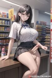 1futa absurd_res ai_generated amiiari balls big_breasts big_penis busty buying_condoms clothed clothing detailed dickgirl erect_nipples erect_penis erection facing_viewer fully_clothed futa_only futanari giant_penis highres huge_breasts huge_cock hung_futanari long_penis massive_penis mature_female outside partially_clothed penis penis_out solo solo_focus standing store testicles thick_penis thick_thighs uniform white_shirt