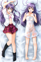 1girls arms_above_head bed bra dakimakura eba_yuzuki kimi_no_iru_machi long_hair open_clothes open_shirt purple_hair school_uniform see-through sheer shirt socks