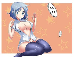 1girls artist_request black_legwear black_panties blue_eyes blue_hair blush breasts button buttons cleavage female kikoeru nipple_slip nipples no_bra open_clothes original panties shiny shiny_skin short_hair sitting solo sweat thighhighs underwear wardrobe_malfunction