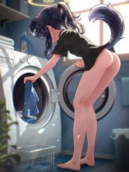 animal_ears ass barefoot bent_over black_hair black_shirt blue_archive bottomless dog_ears dog_tail extra_ears female halo hibiki_(blue_archive) indoors kneepits laundry long_hair ponytail pussy shirt short_sleeves solo special_cat standing tail towel washing_machine window yellow_halo