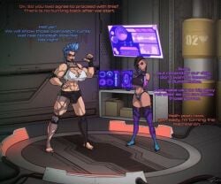 1futa 1girls breasts clothed clothing corruption dark-skinned_female dark_skin dialogue duo english_text female futanari human junker_queen light-skinned_futanari light_skin mostly_clothed overwatch overwatch_2 partially_clothed pre-transformation sombra species_transformation standing text toby_art