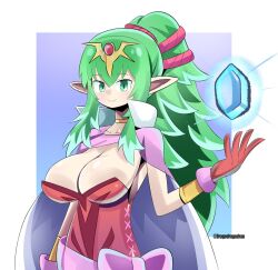 1girls breasts cleavage dragodragodran female female_only fire_emblem fire_emblem_awakening green_eyes green_hair large_breasts looking_at_viewer nintendo pointy_ears ponytail solo tiki_(adult)_(fire_emblem) tiki_(fire_emblem)