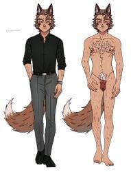 1boy boyfriend_to_death bush bushy_pubes cheek_markings decafdoodles dilf flaccid flaccid_cock flaccid_penis fox_boy fox_ears fox_humanoid fox_tail hairy_chest knot knotted_humanoid_penis knotted_penis old_man older_male reference_image ren_hana the_price_of_flesh