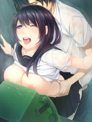 black_hair blue_eyes closed_eyes collarbone female indoors nipples original phone phone_booth porigon school_uniform see-through serafuku sex sheer shirt_lift short_hair skirt tongue tongue_out wet wet_clothes wink