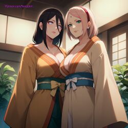 2girls ai_generated alternate_costume asymmetrical_docking bare_chest big_breasts borrowed_clothes boruto:_naruto_next_generations breast_press breasts brown_hair cleavage cleavage_overflow clothing female female_only green_eyes huge_breasts hyuuga_hanabi kimono large_breasts long_hair mature mature_female milf multiple_girls nai_diffusion naruto naruto_(series) no_bra no_bra_under_clothes outfit outfit_swap pink_hair ponytail sagging_breasts sakura_haruno stable_diffusion temptart url very_long_hair violet_eyes watermark web_address wide_sleeves yukata