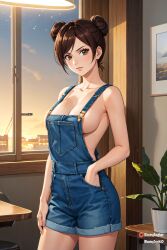 1girls ai_generated almost_naked alternate_costume bang bare_breasts bare_chest bare_legs bare_shoulders bare_thighs barely_clothed blazeren_ai/3d blush breasts brown_eyes brown_hair cleavage clothing curvaceous curvy curvy_body curvy_female curvy_figure denim denim_overalls double_bun eyelashes female_only hand_in_pocket high_resolution indoors light-skinned_female light_skin lipstick looking_at_viewer makeup mostly_nude nai_diffusion naruto naruto:_the_last naruto_(series) naruto_shippuden no_bra no_bra_under_clothes outfit overalls overalls_only parted_bangs patreon_username petite pinup pockets revealing_clothes skimpy skimpy_clothes solo solo_focus stable_diffusion straps tenten twin_buns twitter_username url watermark web_address