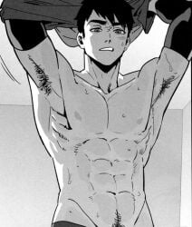 abs armpits arms_up haikyuu!! manga monochrome muscular_male osamu_miya sweat sweatdrop sweating undressing upper_body_focus