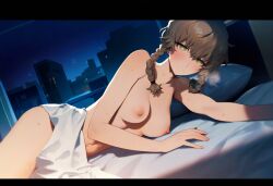 1girls ai_generated amane_suzuha bare_breasts bare_shoulders braided_hair brown_hair city fluffy_hair in_bed loving_gaze lying_on_bed night nighttime nude romantic satisfied steins;gate sweat tomboy twin_braids yellow_eyes