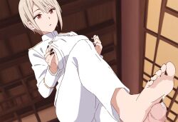 ai_generated barefoot foot_fetish foot_focus footjob highres nakiri_alice painted_toenails shokugeki_no_souma soles toenail_polish white_hair