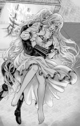 1boy 1girls alucard_(castlevania) arms_around_partner arms_around_waist artist_request bare_legs barefoot black_and_white blush blush breasts castlevania castlevania:_symphony_of_the_night cleavage clothed clothed_female clothed_male exposed exposed_thighs fireplace fully_clothed fully_clothed_male lace lifting lifting_partner lifting_person long_hair loose_clothes maria_renard nightgown picking_up thighs