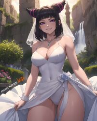 ai_generated big_ass big_breasts big_butt black_hair bra bride female female_only juri_han looking_at_viewer looking_back panties purple_eyes purple_hair sideboob skirt skirt_lift slim_waist smiling smiling_at_viewer street_fighter street_fighter_6 thick_thighs tied_hair two_tone_hair wedding_dress wedding_veil wide_hips wilddio