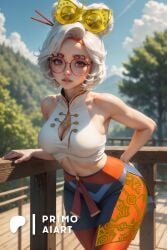 1girls ai_generated bare_shoulders cleavage croptop female glasses headband headgear headwear leggings midriff pantyhose primo_aiart purah purah_(tears_of_the_kingdom) red_eyes skirt solo stable_diffusion tears_of_the_kingdom the_legend_of_zelda white_hair