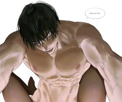 1boy abs barefoot between_legs black_eyes black_hair collarbone completely_nude e0308r english_text glaring groin head_down highres jujutsu_kaisen leaning_forward looking_at_viewer looking_up lower_teeth_only male_focus nipples nude parted_lips pectorals pov reaching reaching_towards_viewer short_hair simple_background spread_legs teeth thighs toji_fushiguro upper_body veins veiny_arms veiny_crotch