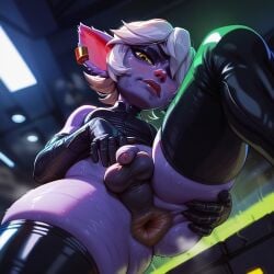 ai_generated anus balls front_view futanari latex league_of_legends looking_at_viewer penis shortstack small_penis spreading_ass squatting sweaty thighhighs tristana view_from_below viewed_from_below yordle