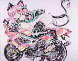 1girls adapted_costume all_fours alternate_costume animal_ears ass bare_shoulders bent_over blush boots bow braid breast_rest breasts cat_ears cat_tail character_name colored curvy feline female frills knee_boots large_breasts looking_at_viewer motor_vehicle motorcycle multiple_tails naughty_face okiraku_nikku panties red_eyes red_hair rin_kaenbyou shikishi sideboob sling_bikini solo striped striped_legwear swimsuit tail thighhighs touhou twin_braids underwear vehicle