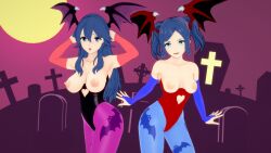 2girls 3d alternate_costume arms_behind_head bare_shoulders blue_eyes blue_hair breasts breasts_out cosplay crossover cynthia_(fire_emblem) darkstalkers female female_only fire_emblem fire_emblem_awakening frown halloween halloween_costume koikatsu large_breasts leotard lilith_aensland_(cosplay) long_hair lucina_(fire_emblem) mike_oxlong morrigan_aensland_(cosplay) multiple_girls nintendo nipples open_mouth pantyhose pose shoulders siblings sisters small_breasts smile symbol-shaped_pupils twintails