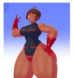 1girls breasts brown_hair curvaceous curvy curvy_body curvy_figure dark-skinned_female dark_skin female_only gloves grindardot hand_on_hip happy leotard muscles muscular muscular_female oc open_mouth original_character red_eyes short_hair short_hair_female smile smiling smiling_at_viewer solo solo_female solo_focus tagme thick_thighs thighs tomboy