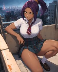 1girls ai_generated bare_legs bare_thighs big_breasts bleach bleach:_the_thousand-year_blood_war dark-skinned_female dark_skin female female_only long_hair looking_at_viewer orange_eyes purple_hair school_uniform schoolgirl schoolgirl_uniform selfie shihouin_yoruichi skirt slim_waist smiling smiling_at_viewer socks solo thick_thighs tied_hair wide_hips wilddio yellow_eyes