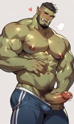 1boy ai_generated bara beard big_pecs big_penis blush cum cum_drip erection gay green-skinned_male green_body green_skin kurohudeai looking_at_viewer male male_nipples male_only male_pubic_hair muscular_male nipples orc orc_male pecs penis penis_out pointy_ears teeth teeth_visible tusks