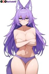 1girls ai_generated big_breasts big_breasts breasts breasts breasts breasts covering_breasts curvy cute dog_ears dog_girl doggirl female female female_focus female_only highres hips huge_boobs huge_breasts kemonomimi light_skin light_skinned_female long_hair panties patreon_username petgirl petite purple_ears purple_eyes purple_hair purple_tail standing thick_thighs thighs topless tori toriwoofs watermark wavy_hair white_skin white_skinned_female wide_hips wolf_ears