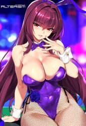 1girls ai_generated alterism big_breasts bunny_girl bunnysuit cleavage curvaceous curvy fake_animal_ears fate/grand_order fate_(series) female_focus fishnets highleg_leotard hourglass_figure huge_breasts indoors large_breasts long_hair looking_at_viewer mature_female milf pantyhose parted_lips playboy_bunny purple_hair red_eyes red_hair scathach_(fate) shiny_clothes shiny_skin sitting solo teasing wrist_cuffs