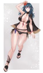 1girls absurdres alternate_costume arm_up ass_visible_through_thighs bare_legs bikini black_bikini black_cape black_footwear black_swimsuit blue_eyes blue_hair breasts byleth_(female)_(fire_emblem) byleth_(female)_(summer)_(fire_emblem) byleth_(fire_emblem) byleth_(fire_emblem)_(female) cape cleavage commentary dagger female female_only fire_emblem fire_emblem:_three_houses fire_emblem_heroes flower full_body groin hair_flower hair_ornament hazuki_(nyorosuke) highres knife large_breasts long_hair looking_at_viewer navel nintendo official_alternate_costume red_flower sandals single_bare_shoulder solo stomach swimsuit thighs weapon