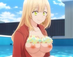 1girls anime_nose blonde_hair breasts green_eyes jacket long_hair nipples pool