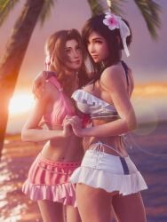 2girls 3d aerith_gainsborough aerith_gainsborough_(pink_mermaid) bikini black_hair blender brown_hair female female_only final_fantasy final_fantasy_vii final_fantasy_vii_rebirth final_fantasy_vii_remake fit_female green_eyes hair_bun hair_flower hairbow highres interlocked_fingers large_breasts light-skinned_female long_hair medium_breasts navel ocean outdoors palm_tree pink_bikini red_eyes ria-neearts sidelocks single_braid smile standing sunset swimsuit tifa_lockhart tifa_lockhart_(shining_spirit) white_bikini yuri